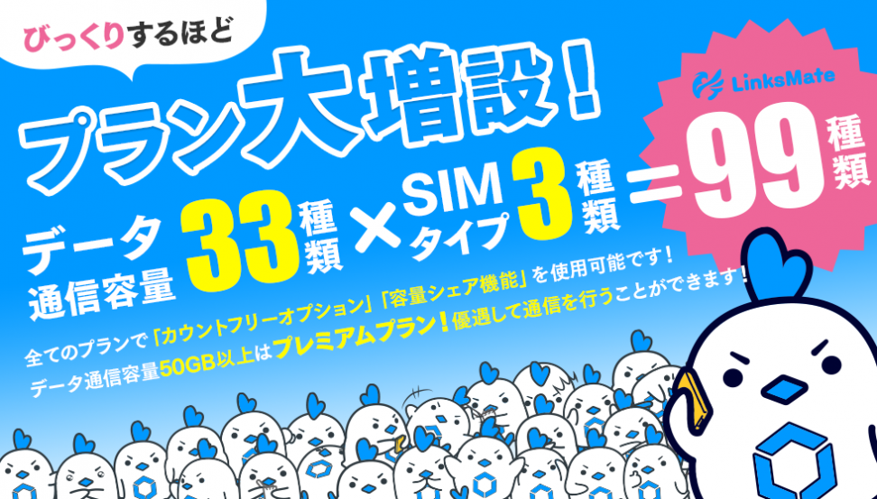 MVNOサービス「LinksMate（リンクスメイト）」、2019年12月20日（金）より、全99種類にプランを増設し、さらにプラン増設を記念したキャンペーンを開始！